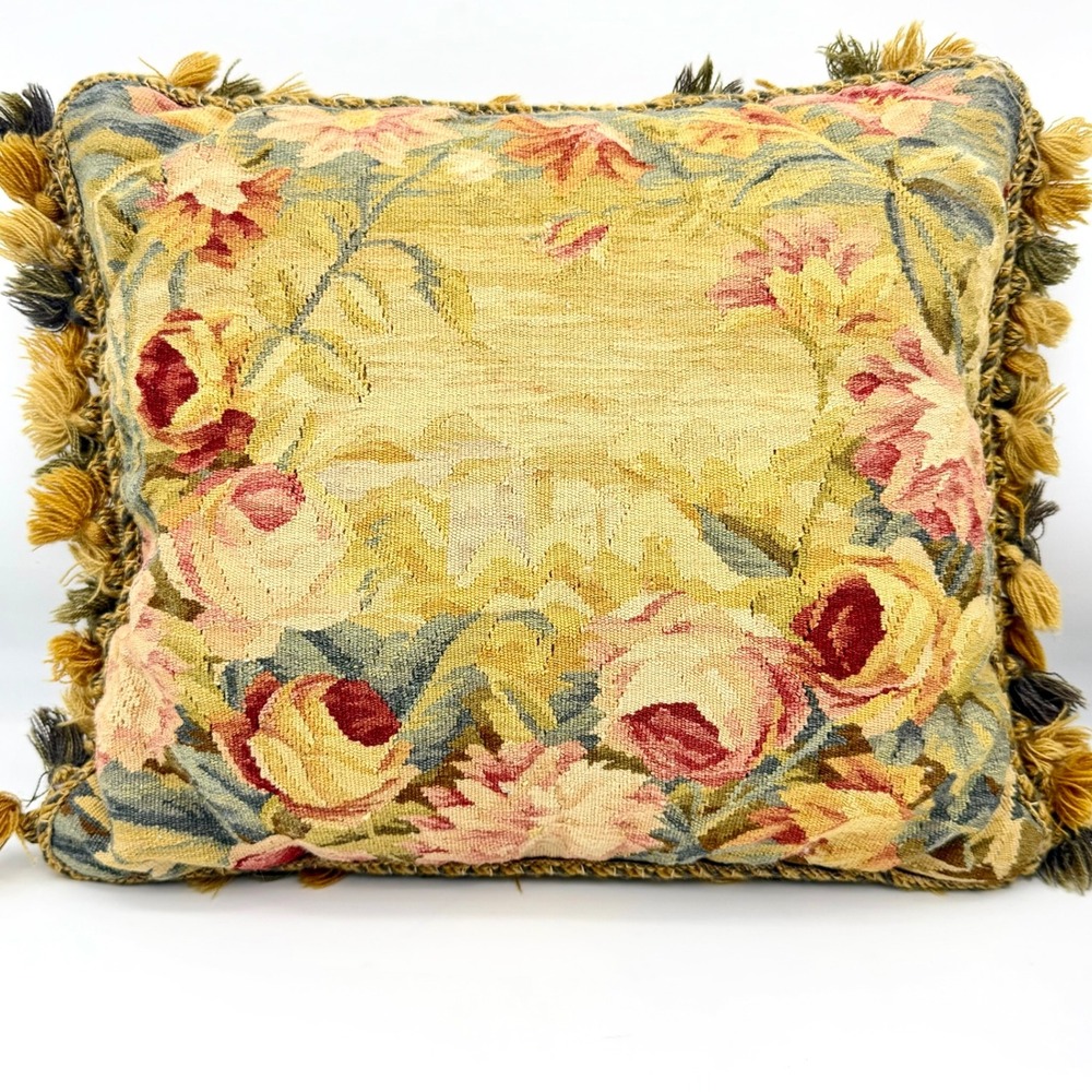 Throw Pillow Wool Velvet Aubusson French Country Tan Floral Tassel Fringe